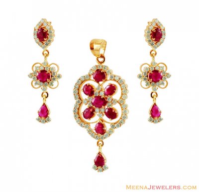 Diamond Ruby Pendant Earring Set ( Diamond Pendant Sets )