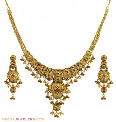 Indian Antique Necklace Set (22Kt) ( Antique Necklace Sets )
