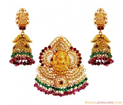 22K Pendant and Earring Set Temple ( Antique Pendant Sets )