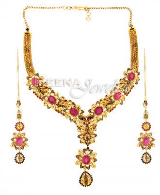 22Kt Antique Gold Necklace Set ( Antique Necklace Sets )