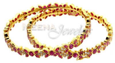 22Kt Gold Ruby Bangles with CZ ( Precious Stone Bangles )