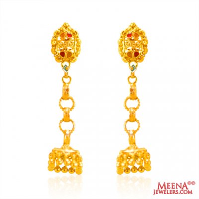 22K Gold Tri Color Jhumkas ( Long Earrings )