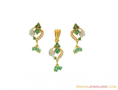 22K Emerald Pendant set ( Precious Stone Pendant Sets )