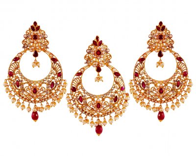 22K Gold Chand Bali Pendant Set  ( Precious Stone Pendant Sets )