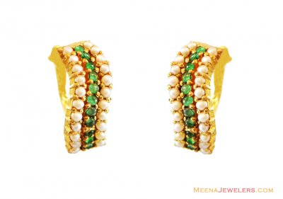 22K Elegant Pearl Emerald Earrings  ( Precious Stone Earrings )