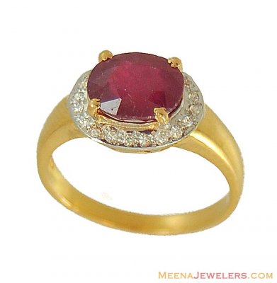 22k Gold Ruby And Cz Ring  ( Ladies Rings with Precious Stones )