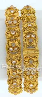 22 Kt Antique Gold Bangles with Polki Stones, 2 pcs ( Antique Bangles )