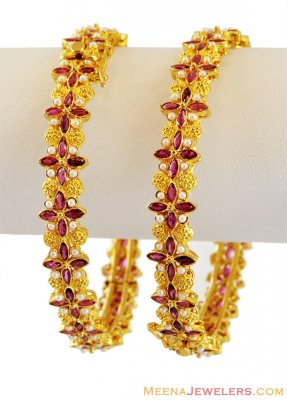 22K Floral Designed Ruby Bangles  ( Precious Stone Bangles )