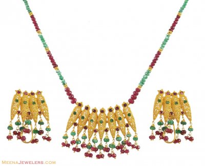 22K Gold Ruby, Emerald Necklace Set ( Combination Necklace Set )