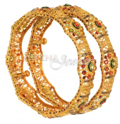 22 Kt Gold Bangles With Citrine, Peridot and Meenakari, 2 Pcs ( Antique Bangles )