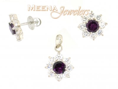 22kt White Gold Pendant and Earrings Set with CZ and Purple Tourmaline ( White Gold Pendant Sets )