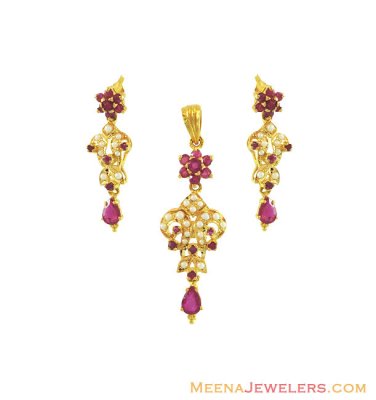 22K Ruby And Pearl Pendant set ( Precious Stone Pendant Sets )