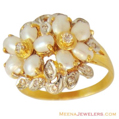 22k Designer Antique Pearl Ring ( Ladies Rings with Precious Stones )
