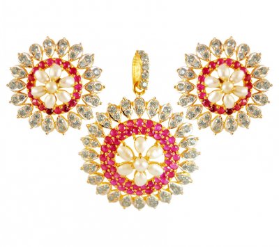 22k Gold Ruby Pearl pendant set  ( Precious Stone Pendant Sets )