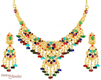 22Kt Gold Navratan Set ( Combination Necklace Set )