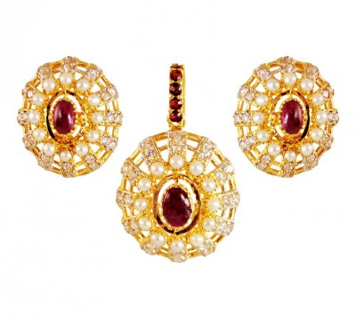 22KT Gold Ruby Pendant Earring Set ( Precious Stone Pendant Sets )