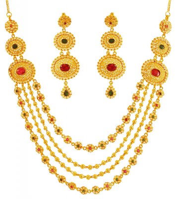 22K Gold Stones Necklace Set ( Gold Designer Sets )