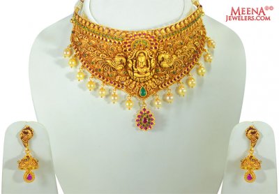 22 Karat Gold Temple Necklace Set ( Antique Necklace Sets )