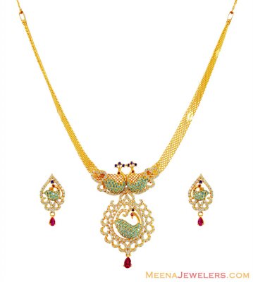 22K Peacock Necklace Earrings Set  ( Gold Designer Sets )