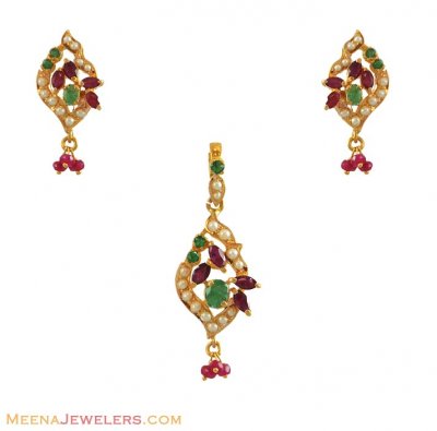 22K Ruby, Emerald Pendant Set ( Precious Stone Pendant Sets )