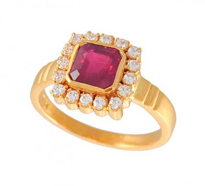 22k Gold Ruby And Cz Ring  ( Ladies Rings with Precious Stones )
