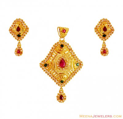 22K Exclusive Stones Pendant Set ( Precious Stone Pendant Sets )