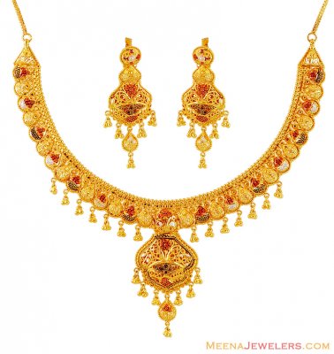 22k Gold 3 Tone Filigree Necklace Set ( 22 Kt Gold Sets )