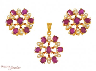22Kt Gold Ruby, Pearl Pendant Set ( Precious Stone Pendant Sets )