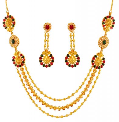 22K Gold Stones Necklace Set ( Gold Designer Sets )