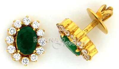 22 Kt Gold Emerald CZ Stone Earrings ( Precious Stone Earrings )