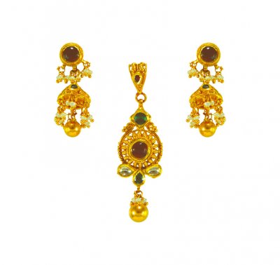 22Kt Gold Antique Pendant Set ( Antique Pendant Sets )