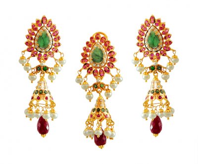 Pendant Earring set 22k gold ( Precious Stone Pendant Sets )