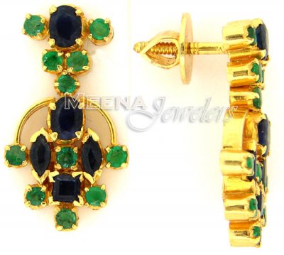 22 Kt Gold Emerald Sapphire Earrings ( Precious Stone Earrings )