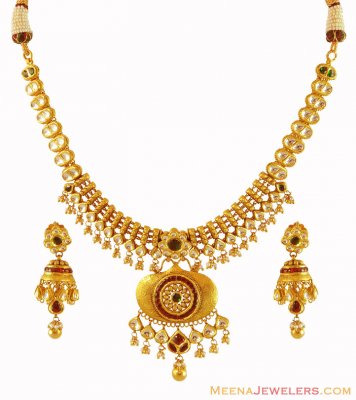 22K Gold Antique Meenakari Set ( Antique Necklace Sets )