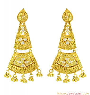 22k Polki Stones Filigree Earrings  ( 22Kt Gold Fancy Earrings )