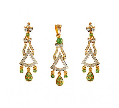 22K Emerald,CZ Pendant Set ( Precious Stone Pendant Sets )