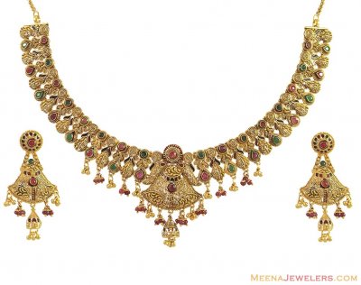 22K Antique Necklace, Earrings Set ( Antique Necklace Sets )