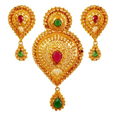 22Kt Gold Stones Pendant Set ( Precious Stone Pendant Sets )