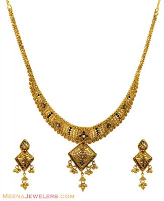 22K Antique Gold Meenakari Set ( Antique Necklace Sets )