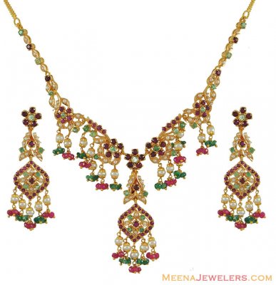 Necklace set with Rubies, Emeralds, Pearls ( Combination Necklace Set )