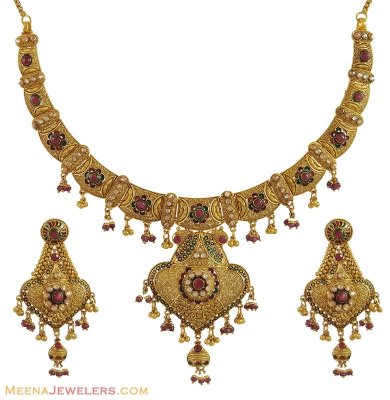 22Kt Gold Antique Necklace Set ( Antique Necklace Sets )