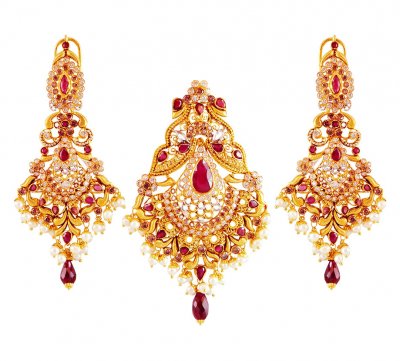 22K Ruby Pearl Studded Pendant Set  ( Precious Stone Pendant Sets )