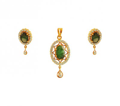 22K Emerald,CZ Pendant Set ( Precious Stone Pendant Sets )