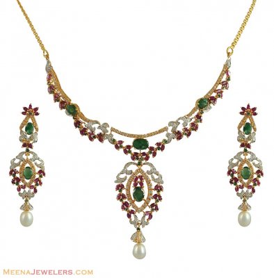 22k CZ With Precious Stones Set ( Gold Designer Sets )