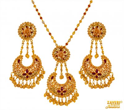 22 Kt Gold Ruby Pearl Pendant Set ( Precious Stone Pendant Sets )