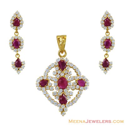 22K Precious Ruby and CZ P Set ( Precious Stone Pendant Sets )