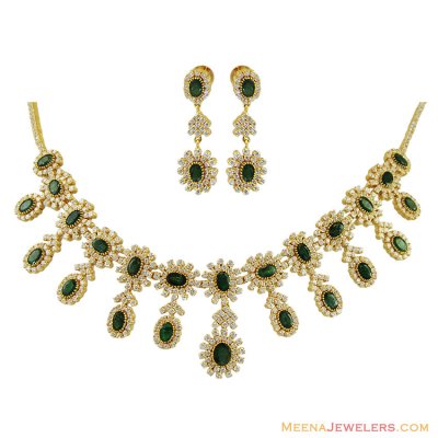 22K Emerald And Cz Necklace Set ( Emerald Necklace Sets )