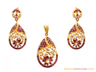 22K Ruby Pearl Studded Pendant Set  ( Precious Stone Pendant Sets )