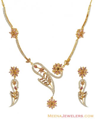 22k Gold Necklace Set With CZ  ( Gold Designer Sets )