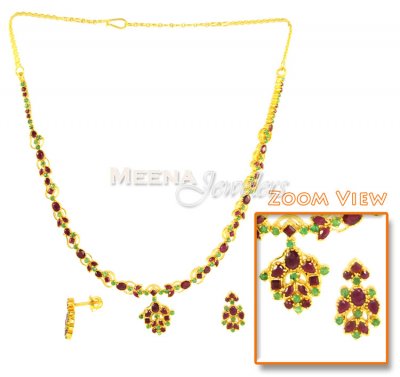 22Kt Gold Necklace with Ruby and Emerald ( Combination Necklace Set )